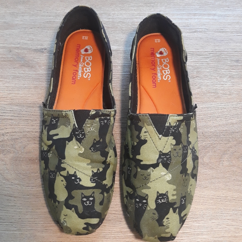 Skechers Bobs Plush Cat-Mouflage Shoes / Sz 9 Bobs Green Cat Camo Slip On Flats - Picture 5 of 12